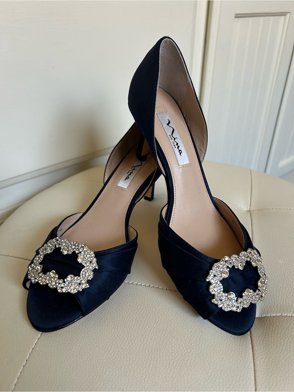 NWOT Nina Navy Satin D'Orsay Peep-Toe Heels with Crystal Buckle